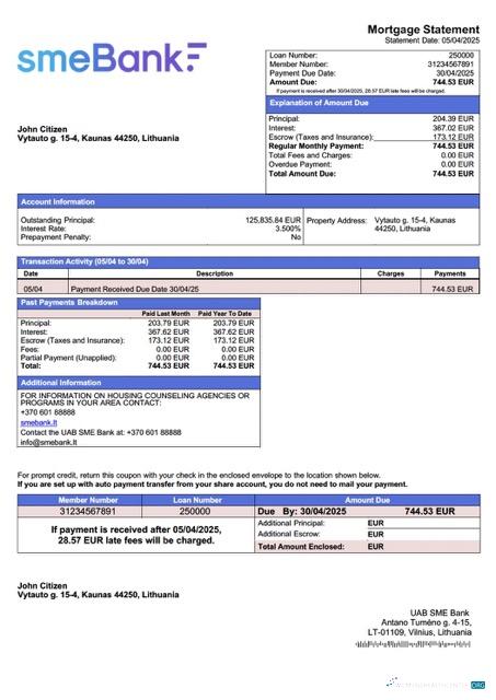 Download Lithuania UAB SME Bank mortgage statement Word and PDF template Photoshop template